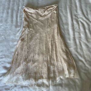 Tocca Champagne Silk Strapless Cream Sequin Dress